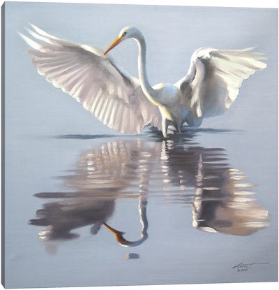 Snowy Egret Showing-Off In The Water Canvas Art Print - Egret Art