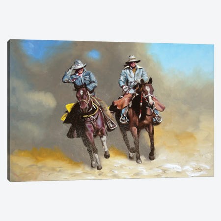 Cowboy and Cowgirl on Horses Canvas Print #RSR269} by D. "Rusty" Rust Canvas Art Print