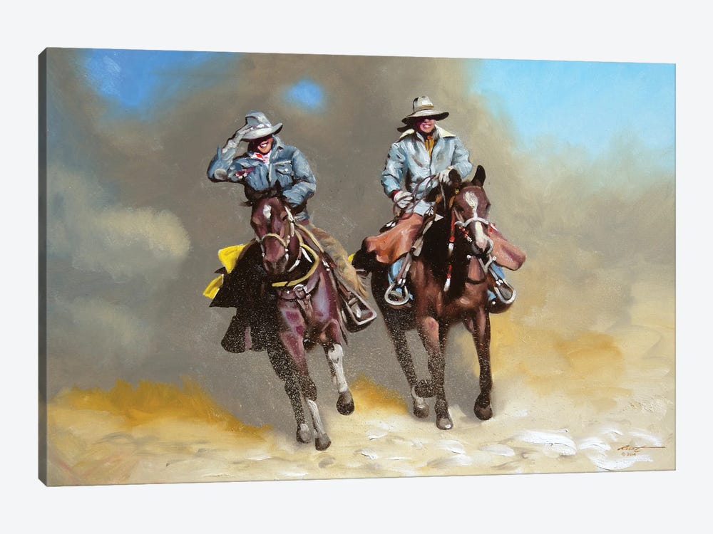 Cowboy and Cowgirl on Horses by D. "Rusty" Rust 1-piece Canvas Art Print
