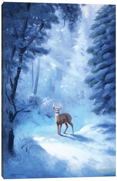 Buck In Snow Canvas Art Print - Rustic Winter