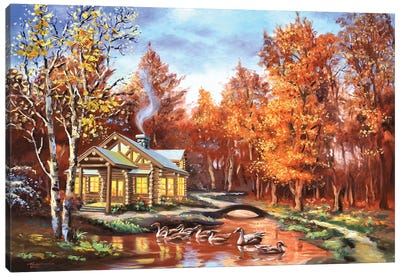 Ducks Swimming In Pond Canvas Art Print - Cabins