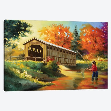 Girl Fishing by Covered Bridge Canvas Print #RSR286} by D. "Rusty" Rust Canvas Art