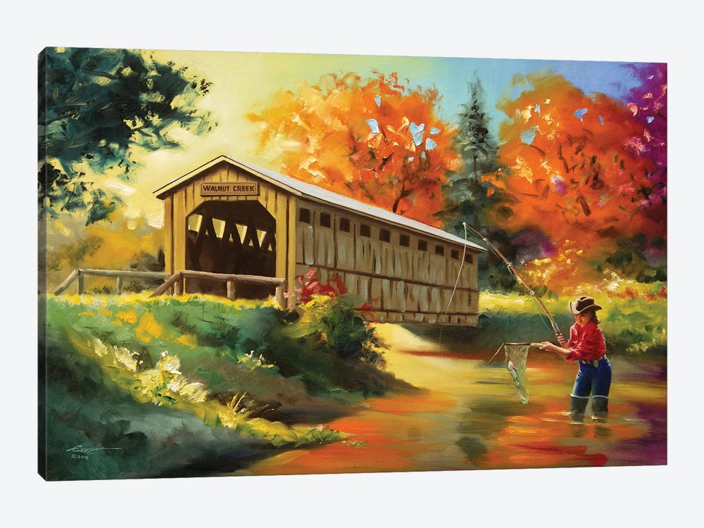 Girl Fishing by Covered Bridge by D. "Rusty" Rust 1-piece Canvas Artwork