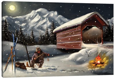 Man Ice Fishing by Covered Bridge Canvas Art Print - Camping Art