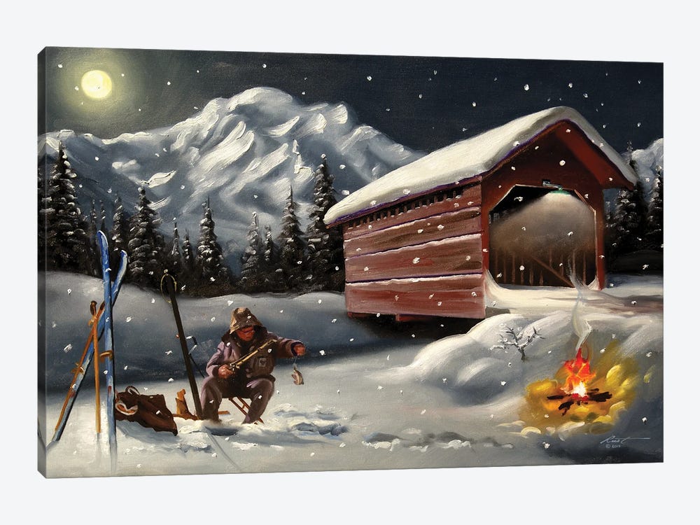 Man Ice Fishing by Covered Bridge by D. "Rusty" Rust 1-piece Canvas Print