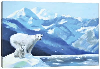 Mama And Cub Polar Bears On Iceberg Canvas Art Print - Glacier & Iceberg Art