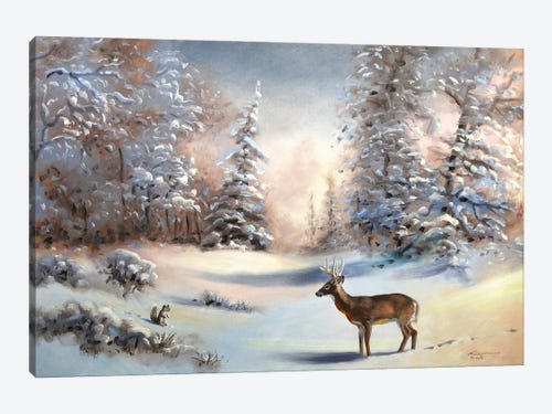 Elk Deer At Snowy Winter Forest 1 Piece Canvas Print Wall Art 