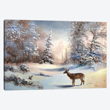 Deer In Snow Scene Canvas Print #RSR30} by D. "Rusty" Rust Art Print