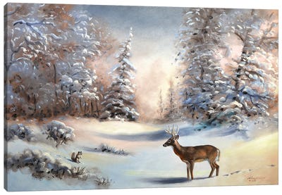 Deer In Snow Scene Canvas Art Print - Rustic Winter