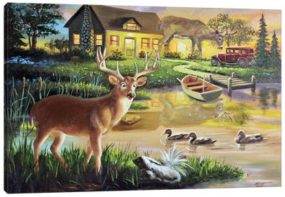 Three Bucks And One Scent - Illusion Canvas Art Print - Rowboat Art