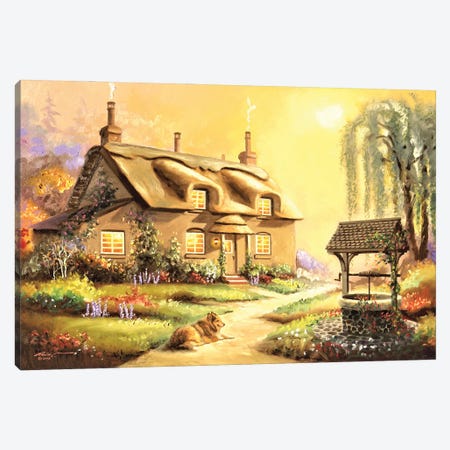 Pretty Cottage With Stone Well Canvas Print #RSR32} by D. "Rusty" Rust Canvas Print