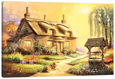 Pretty Cottage With Stone Well Canvas Art Print - Cabins