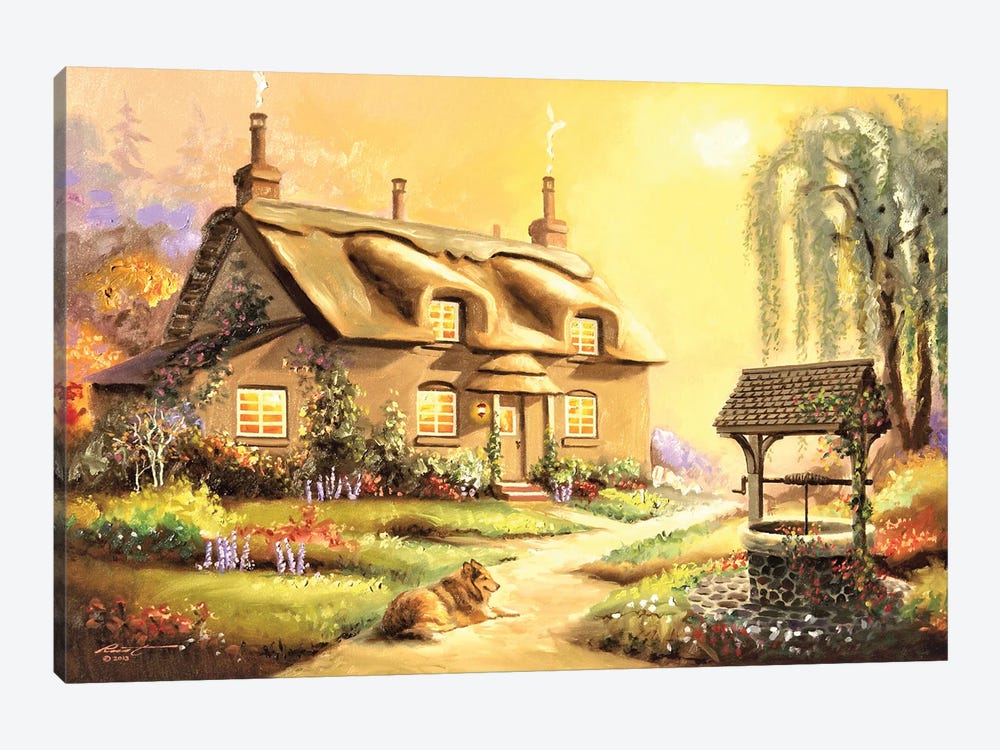 Pretty Cottage With Stone Well by D. "Rusty" Rust 1-piece Canvas Wall Art