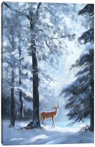 Deer In Snowy Woods Canvas Art Print - Rustic Winter