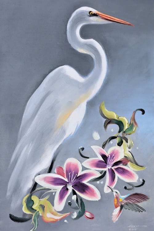 Egret With Orchids And Hummingbird