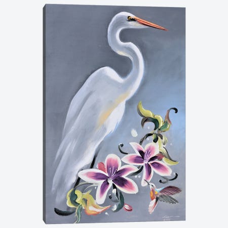 Egret With Orchids And Hummingbird Canvas Print #RSR340} by D. "Rusty" Rust Canvas Art