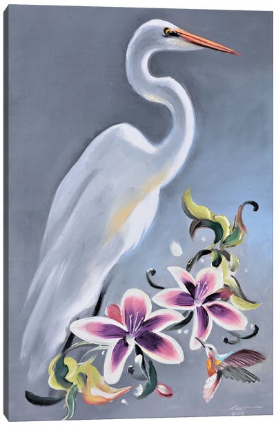 Egret With Orchids And Hummingbird Canvas Art Print