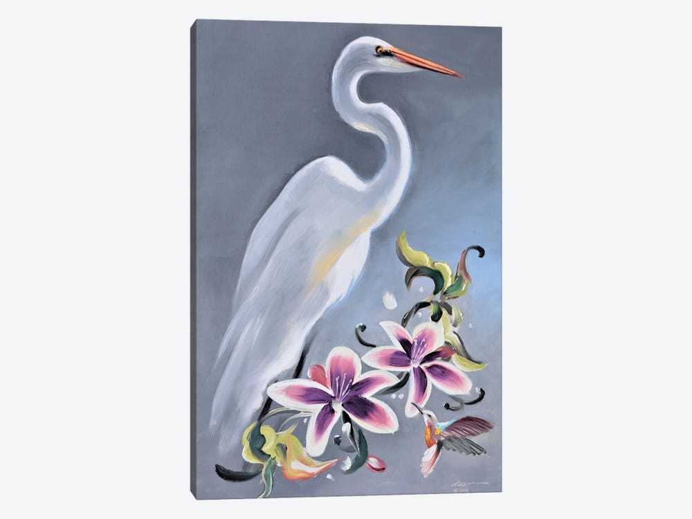 Egret With Orchids And Hummingbird by D. "Rusty" Rust 1-piece Art Print