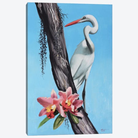 Egret With Orchids Canvas Print #RSR342} by D. "Rusty" Rust Canvas Wall Art