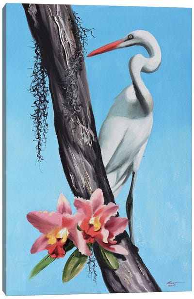 Egret With Orchids Canvas Art Print - Egret Art