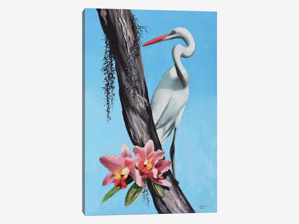 Egret With Orchids by D. "Rusty" Rust 1-piece Canvas Art Print