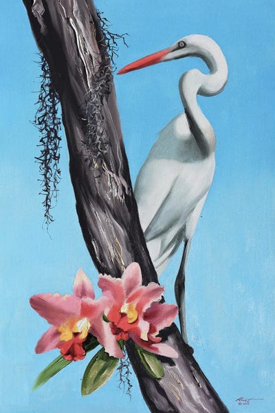 Orchids: Egret With Orchids by D. "Rusty" Rust