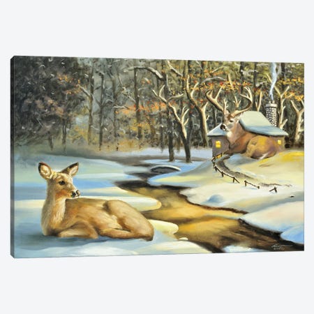 Deer Cabin Illusion Canvas Print #RSR34} by D. "Rusty" Rust Canvas Wall Art