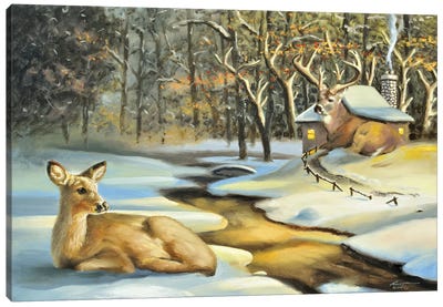 Deer Cabin Illusion Canvas Art Print - Cabins