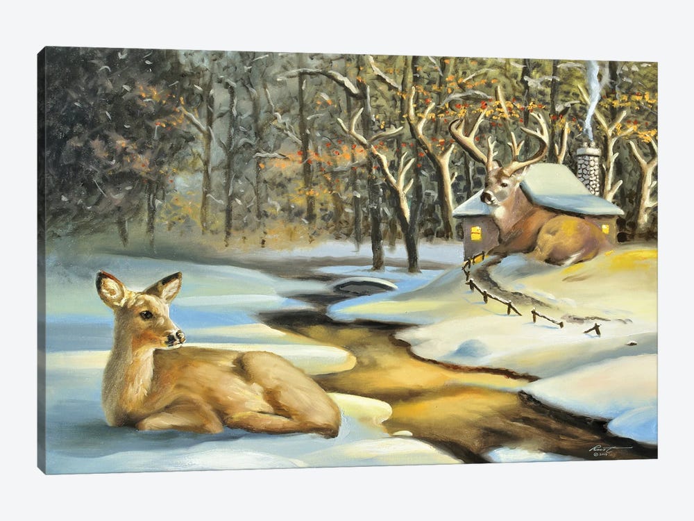 Deer Cabin Illusion by D. "Rusty" Rust 1-piece Canvas Artwork