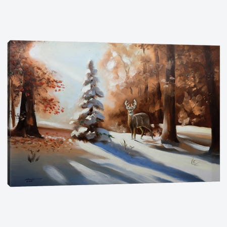 Deer At Dawn In Snowy Woods Canvas Print #RSR35} by D. "Rusty" Rust Canvas Art