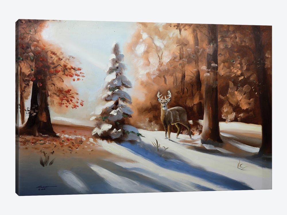 Deer At Dawn In Snowy Woods by D. "Rusty" Rust 1-piece Canvas Print
