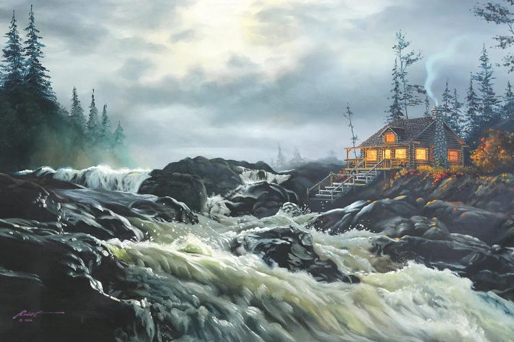 Scenic River And Cabin Canvas Wall Art by D. 