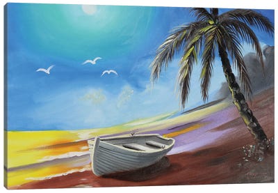 Row Boat On The Beach With Palm Tree Canvas Art Print - Tropical Beach Art