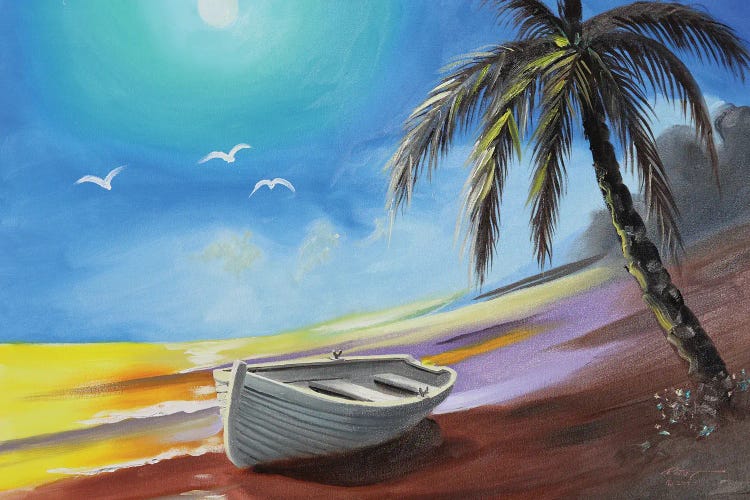 Row Boat On The Beach With Palm Tree