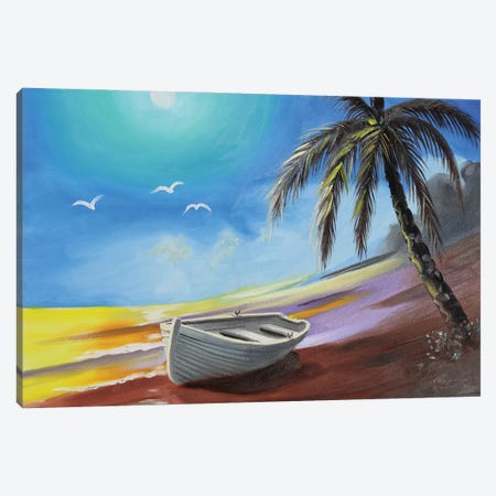 Row Boat On The Beach With Palm Tree Canvas Print #RSR385} by D. "Rusty" Rust Art Print