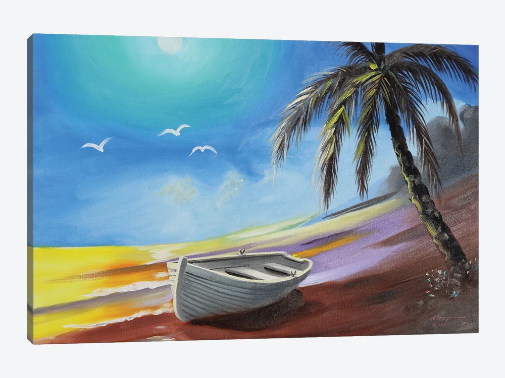 Row Boat On The Beach With Palm Tree by D. "Rusty" Rust 1-piece Canvas Wall Art