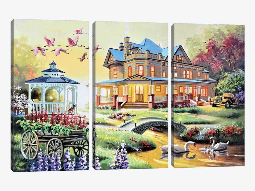 Pretty House With Wildlife by D. "Rusty" Rust 3-piece Art Print