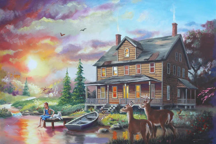 Boy On The Dock With Cabin And Deer