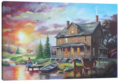 Boy On The Dock With Cabin And Deer Canvas Art Print - Cabins