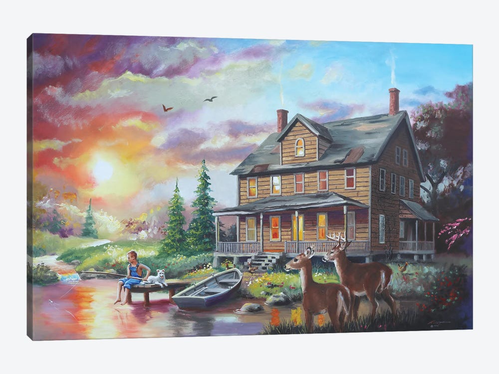 Boy On The Dock With Cabin And Deer by D. "Rusty" Rust 1-piece Art Print