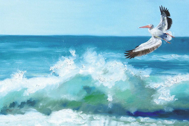 White Pelican Flying Over Waves