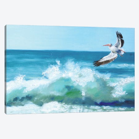 White Pelican Flying Over Waves Canvas Print #RSR415} by D. "Rusty" Rust Canvas Art Print