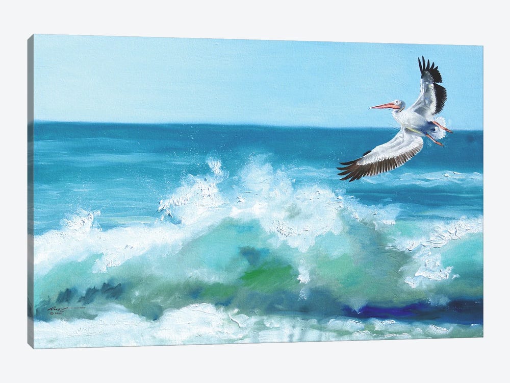 White Pelican Flying Over Waves by D. "Rusty" Rust 1-piece Canvas Artwork