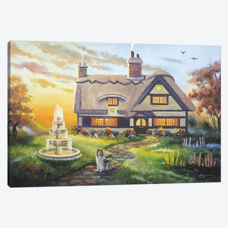 English Cottage With Fountain And Dog Canvas Print #RSR41} by D. "Rusty" Rust Canvas Art