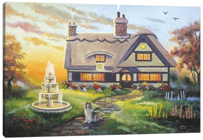 English Cottage With Fountain And Dog Canvas Art Print - Cabins