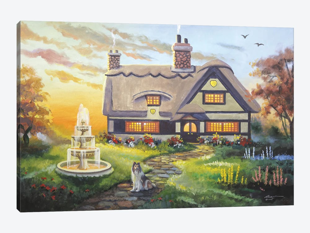 English Cottage With Fountain And Dog by D. "Rusty" Rust 1-piece Canvas Artwork