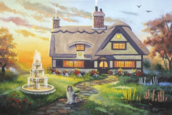 Fountains: English Cottage With Fountain And Dog by D. "Rusty" Rust