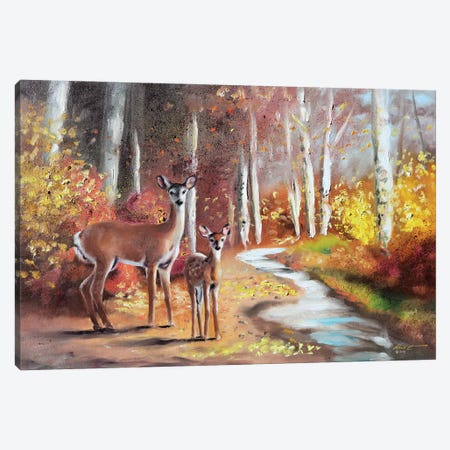 Fawn With Doe In Autumn Canvas Print #RSR42} by D. "Rusty" Rust Canvas Wall Art
