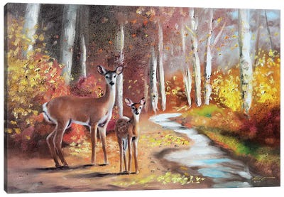 Fawn With Doe In Autumn Canvas Art Print - D. "Rusty" Rust