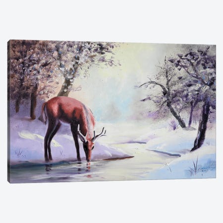 Buck At The Creek In Winter Canvas Print #RSR43} by D. "Rusty" Rust Canvas Artwork